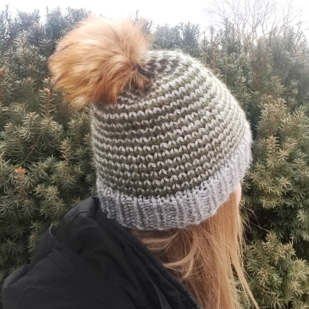 Gray, Forest Green Stripe Knit Beanie